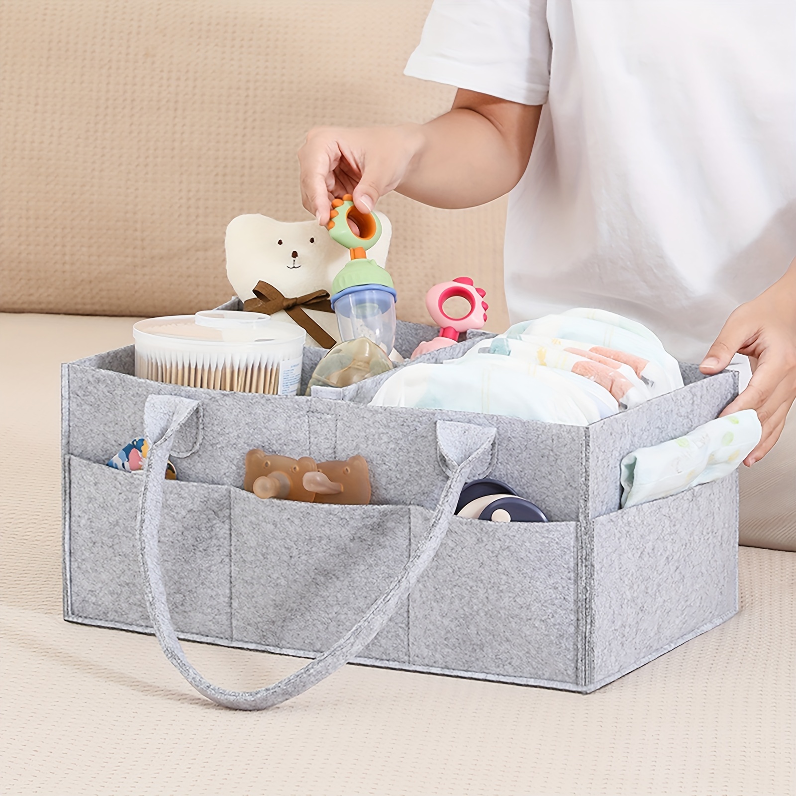 HOME FOR EACH Baby Diaper Caddy Organizer with Lid, Multiple Compartments  Baby Caddy, Waterproof Diaper Tote Bag for Infants, Travel Baby Bag for  Must Haves, Baby Gift Basket for Newborn Essentials Grey 