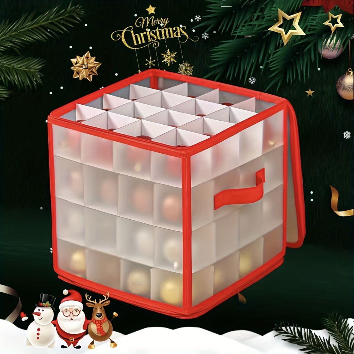 Colour Small Ball Christmas Ornament Storage Box with Lid & Sturdy Handles,  Zipper Closure Storage Cube with Adjustable Dividers Contributes Up to 64