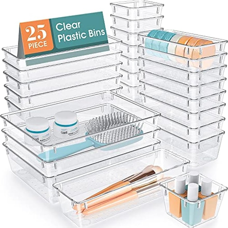 Seseno 16 Pcs Drawer Organizer Set Dresser Desk Drawer Dividers - 5 Size Bathroom Vanity Cosmetic Makeup Trays - Multipurpose Clear Plastic Storage Bins for