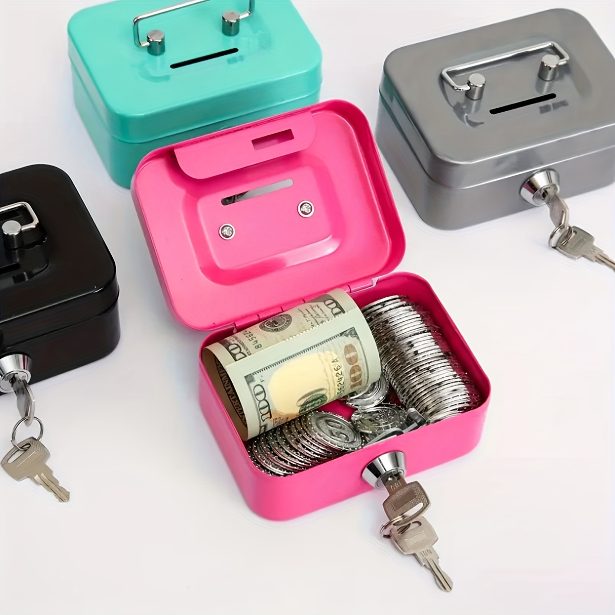 Caja de efectivo con llave de bloqueo y bandeja de dinero, caja de dinero  grande para dinero en efectivo, caja de metal con cerradura para dinero