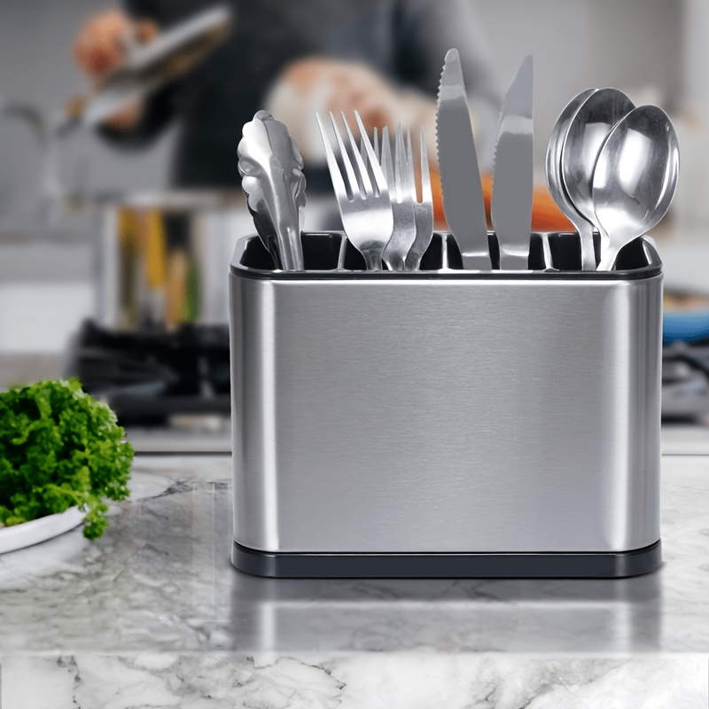 White Ceramic Silverware Caddy With Black Metal Rack Utensil - Temu