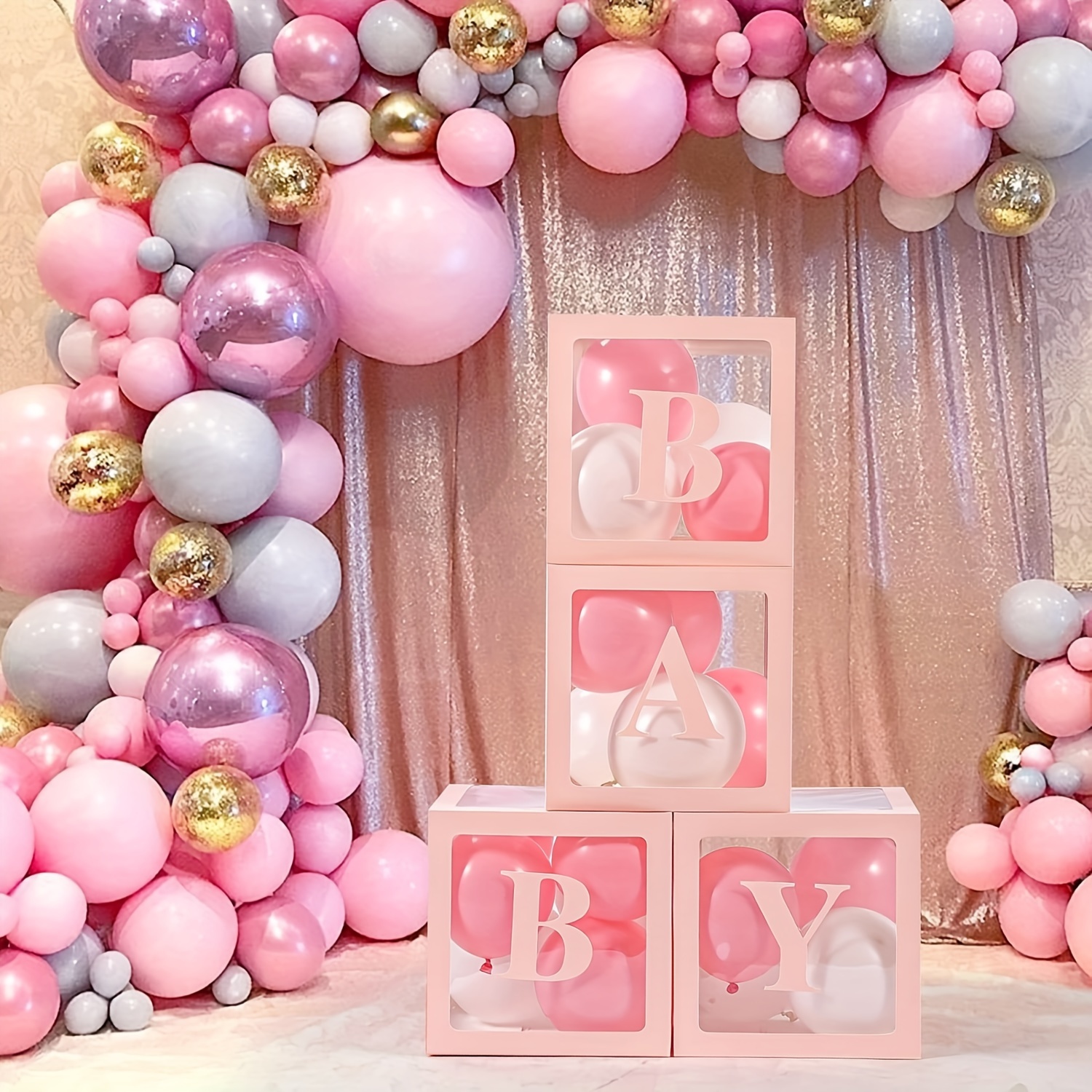 Decoraciones de baby shower para niña, kit de decoración de baby shower de  oro rosa con pancarta de fondo de niña y cajas de globos y mantel de