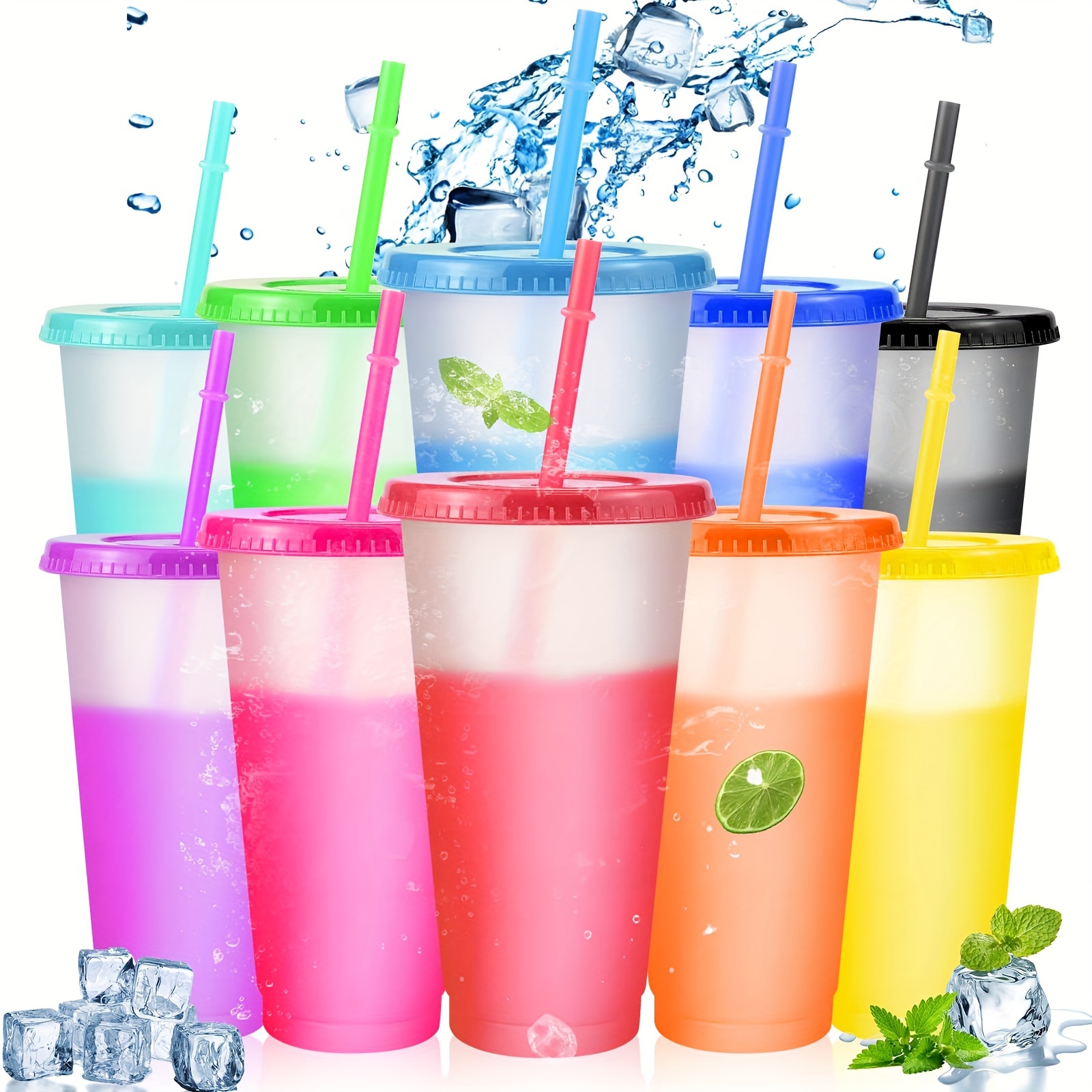 Topsei Reusable Plastic Cups with Lids Straws: 12Pcs 24oz Colorful