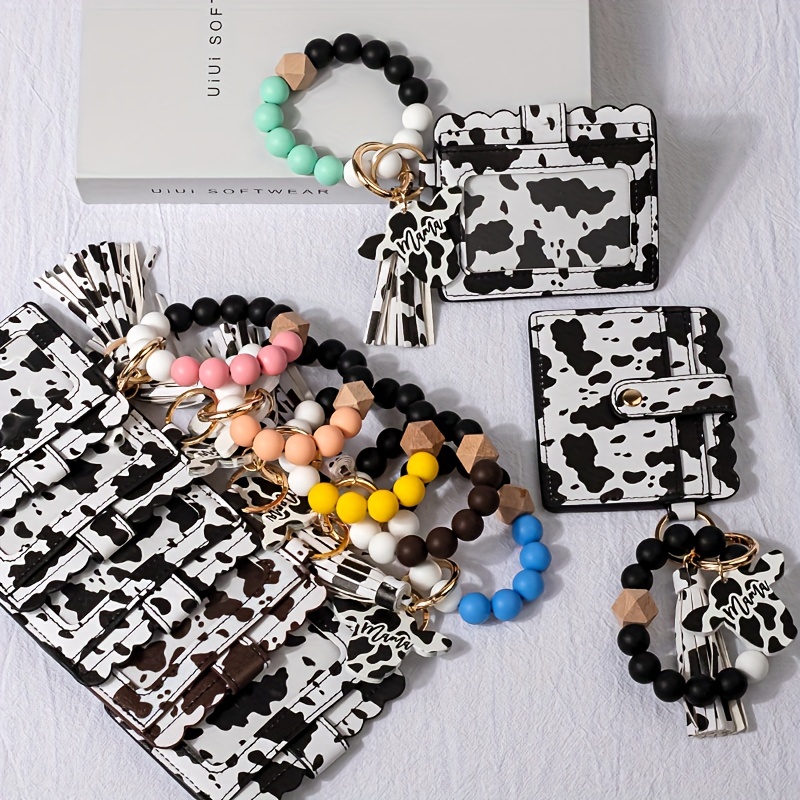 Bull Silicone Beads Bracelet Pu Leather Purse Leopard Print Tassel Cow  Wallet Keychain Silicone Beaded ID Card Holder Keychain - AliExpress