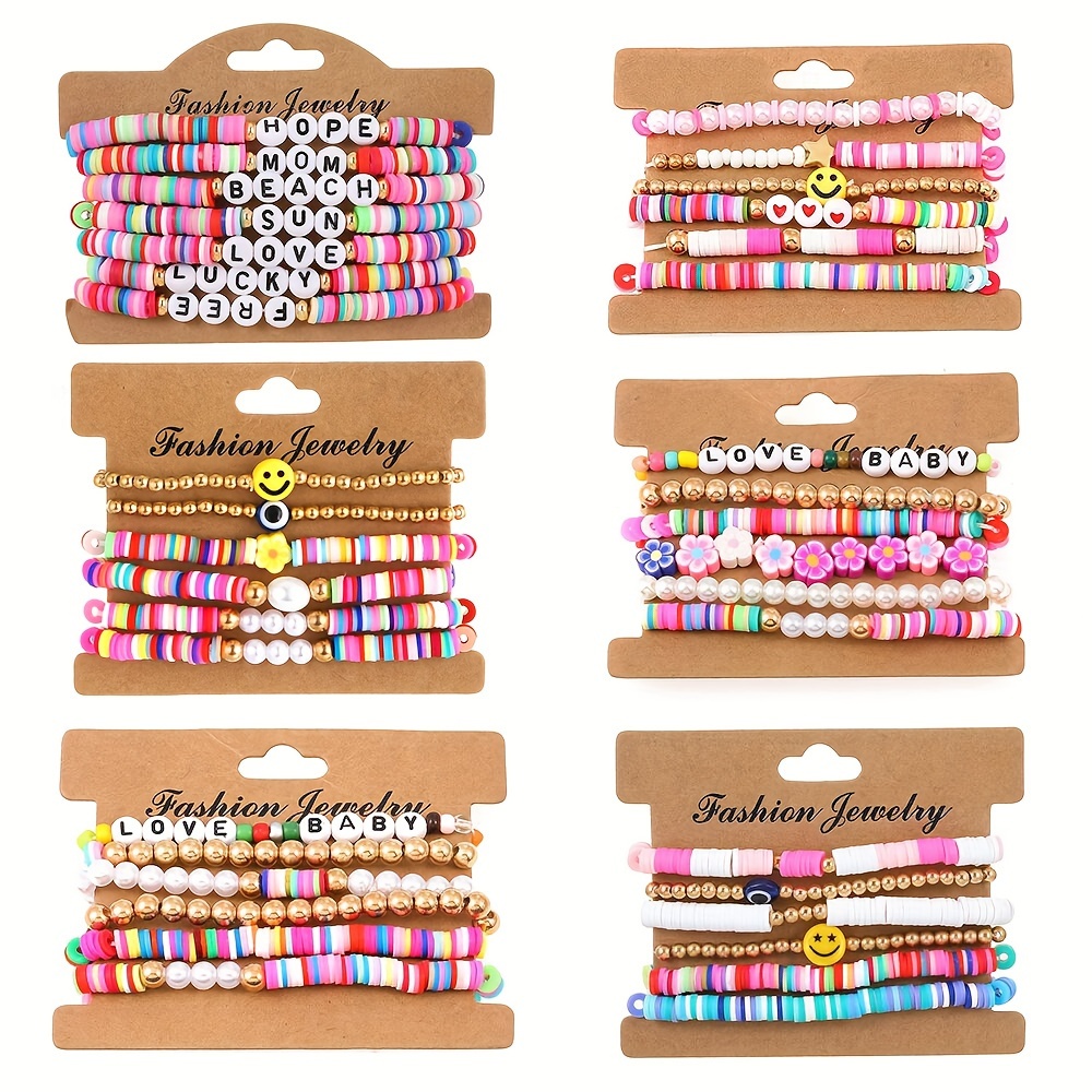 5Pcs/Set Lover Elastic Bracelet Letter Print Polymer Clay Beads