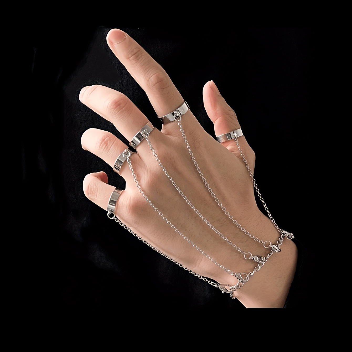 Personality Crystal Chain Rings Gothic Hollow Carved Full Finger Ring Jewelry, Jewels for Women,Temu