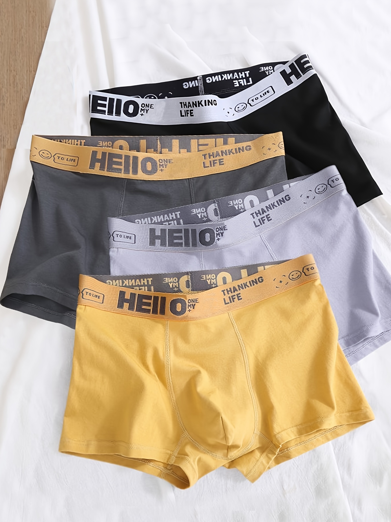 4pcs Men's Hello Belted Letter Briefs Mid Rise Breathable Cotton