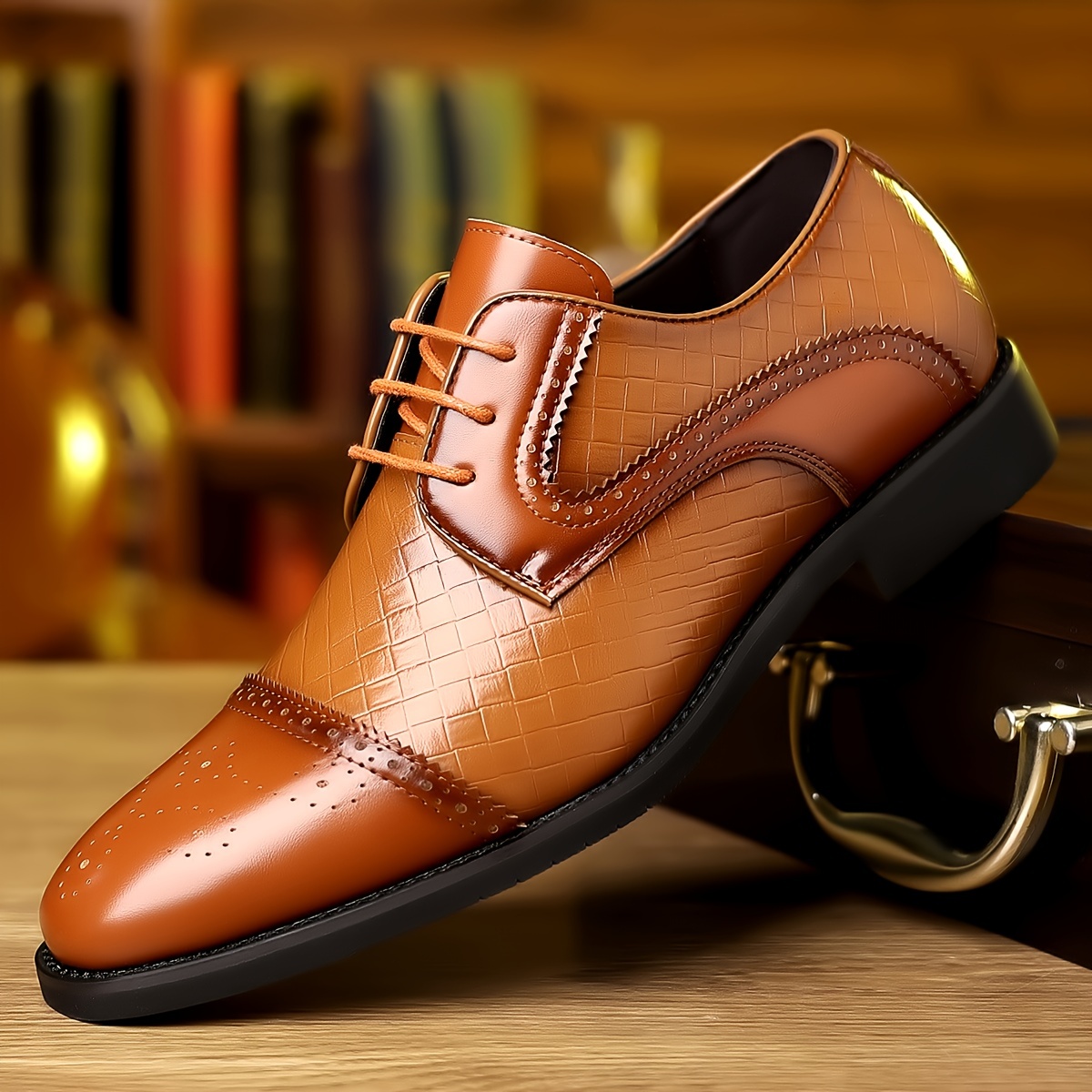 Classic Derby Shoes Men Leather Dress Carved Full Brogue Long Wing Lace-up  Casual Business Wedding Party Comfortable Shoe