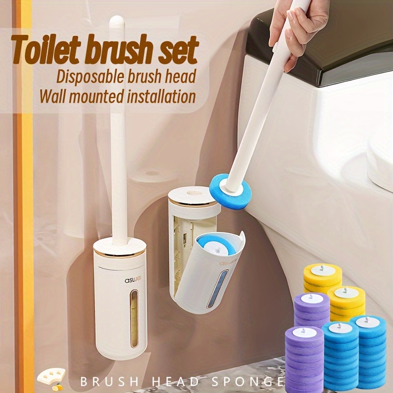 Disposable Toilet Brush Holder Set Punch-free wall-mounted Toiletwand Clean  Brush with 8/16 Cleaning Sponges For Toilet Bathroom Kitchen Clean