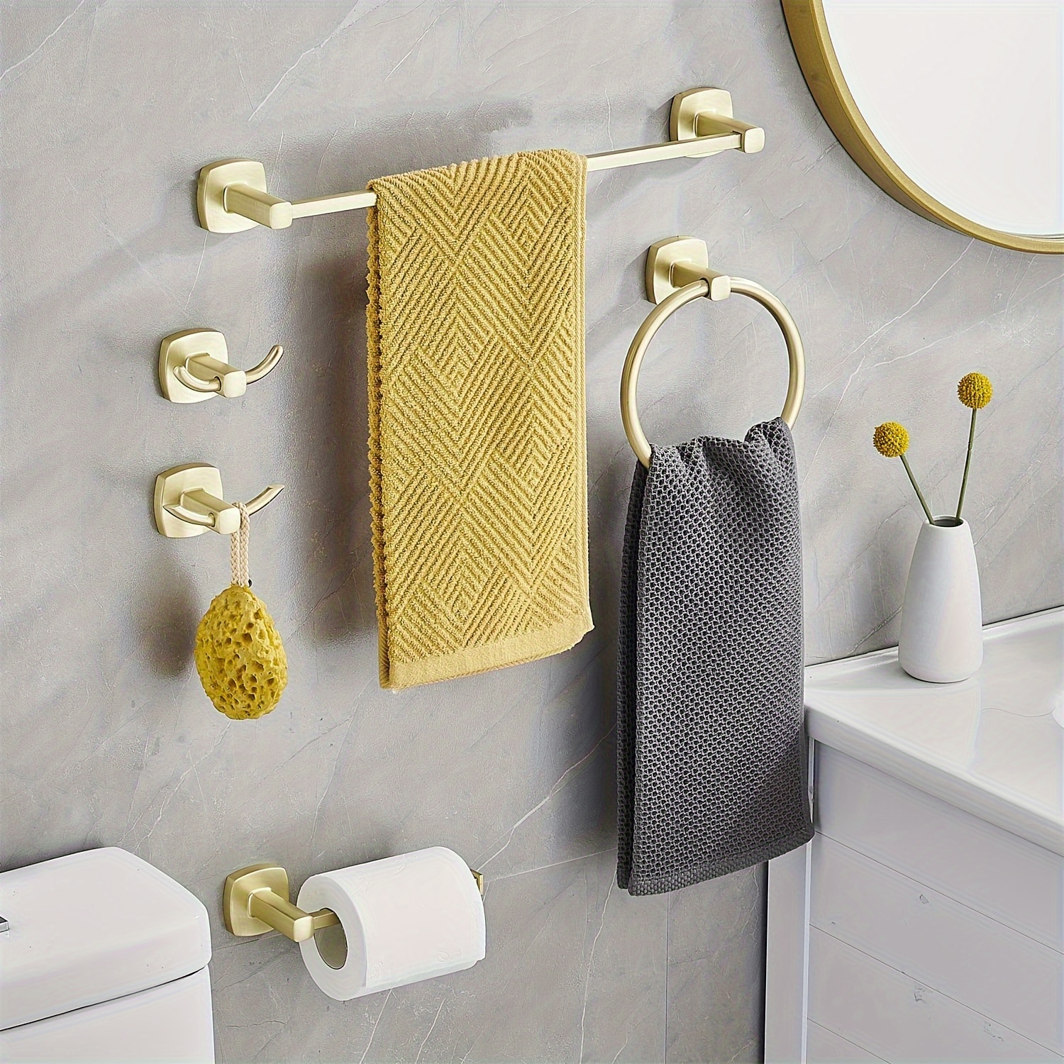  Cilee Toallero de baño dorado cepillado, 2 toalleros dobles de  16 pulgadas, toallero de baño para baño, soporte para toallas de baño,  montaje en pared de acero inoxidable : Herramientas y