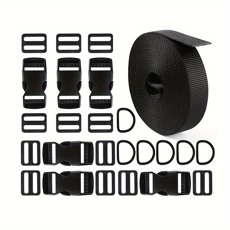Buckles Straps Set of 1 inch: 10 pcs Quick Side Release Plastic Buckle Dual  Adjustable + 12 Yard Black Nylon Webbing Strap Band + 20 pcs Tri-glide  Slide Clip, No Sewing Required