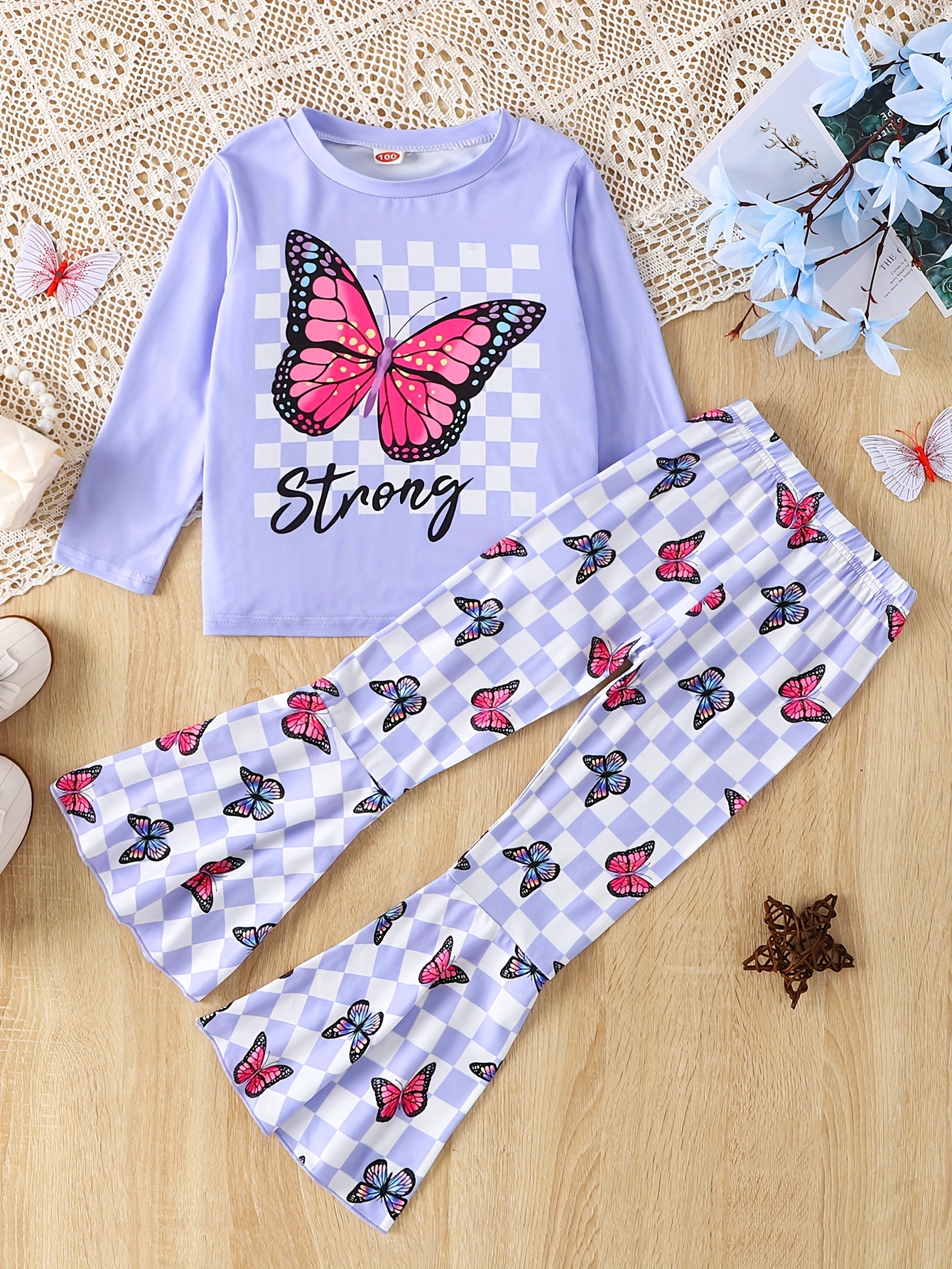 Girl's Butterfly Pattern Outfit 2pcs, Crop Top & Sundress Set, Kid's Trendy  Clothes For Summer
