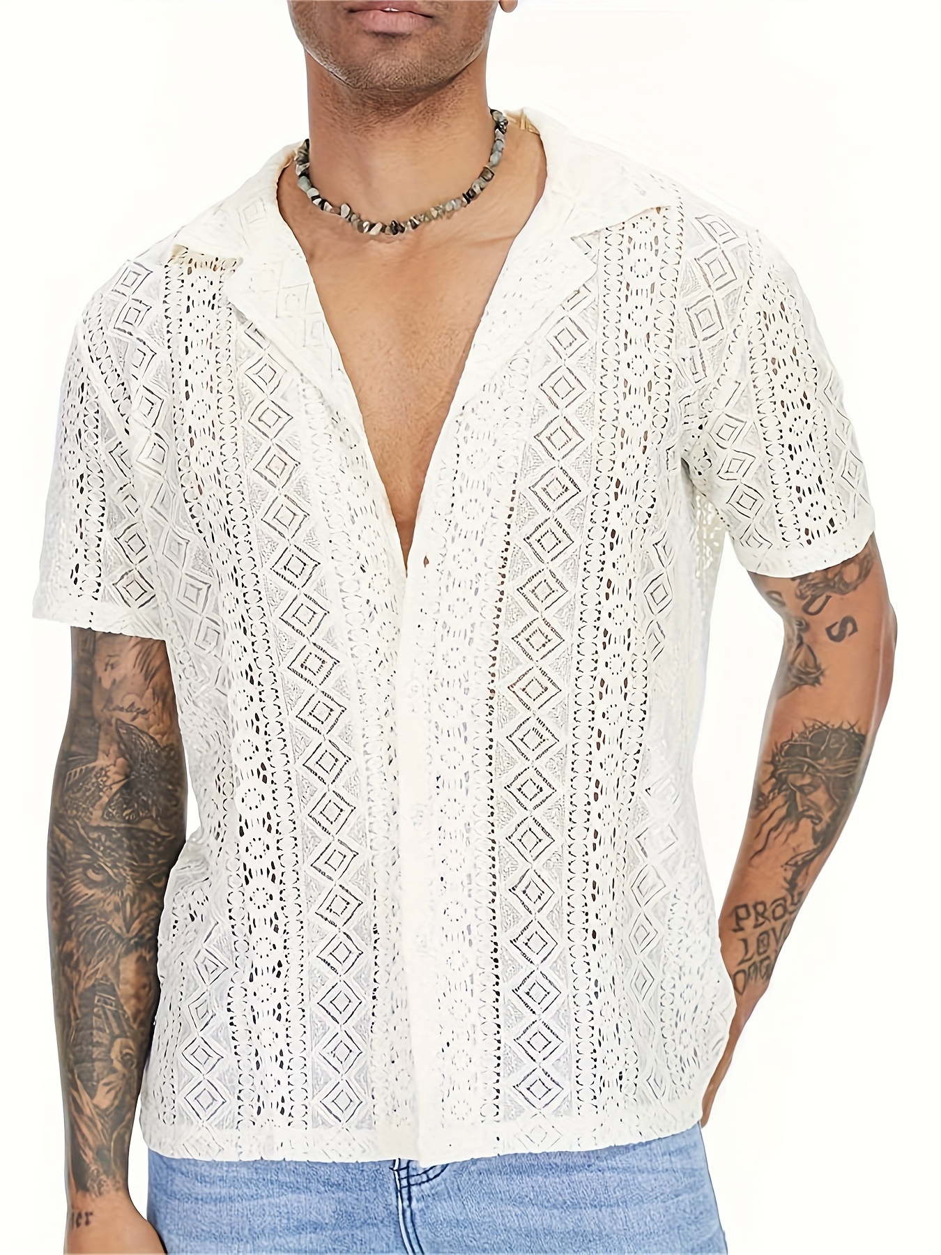 Camisetas Crochet Hombre Camisetas Manga Corta Cuello - Temu