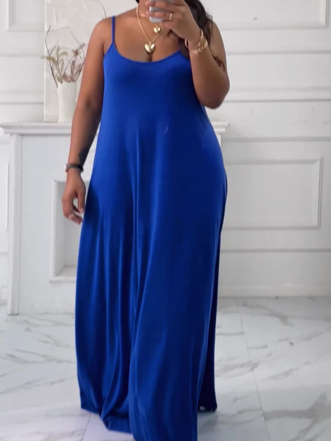 Dropship Plus Size Solid Layered Loose Fit Cami Maxi Dress; Women's Plus  Sexy High Stretch Long Cami Dress to Sell Online at a Lower Price