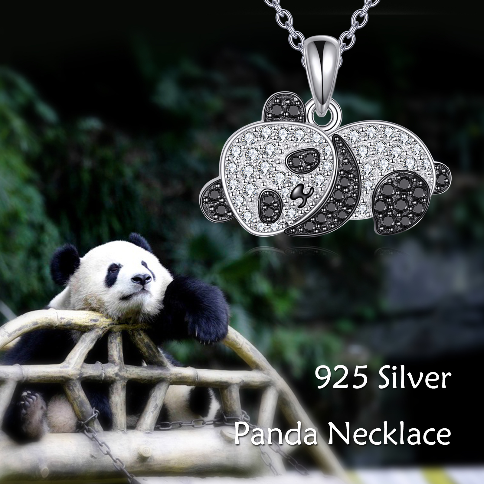 Women's 925 Sterling Silver Panda with Bamboo Necklace