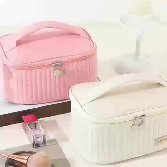  YUNZSXJY Large Capacity Cosmetic Bag Travel Makeup Bag for  Women with Portable Handle, Opens Flat Multifunctional Checkered Makeup Bag  Waterproof PU Leather Toiletry Bag, Pink : Beauty & Personal Care
