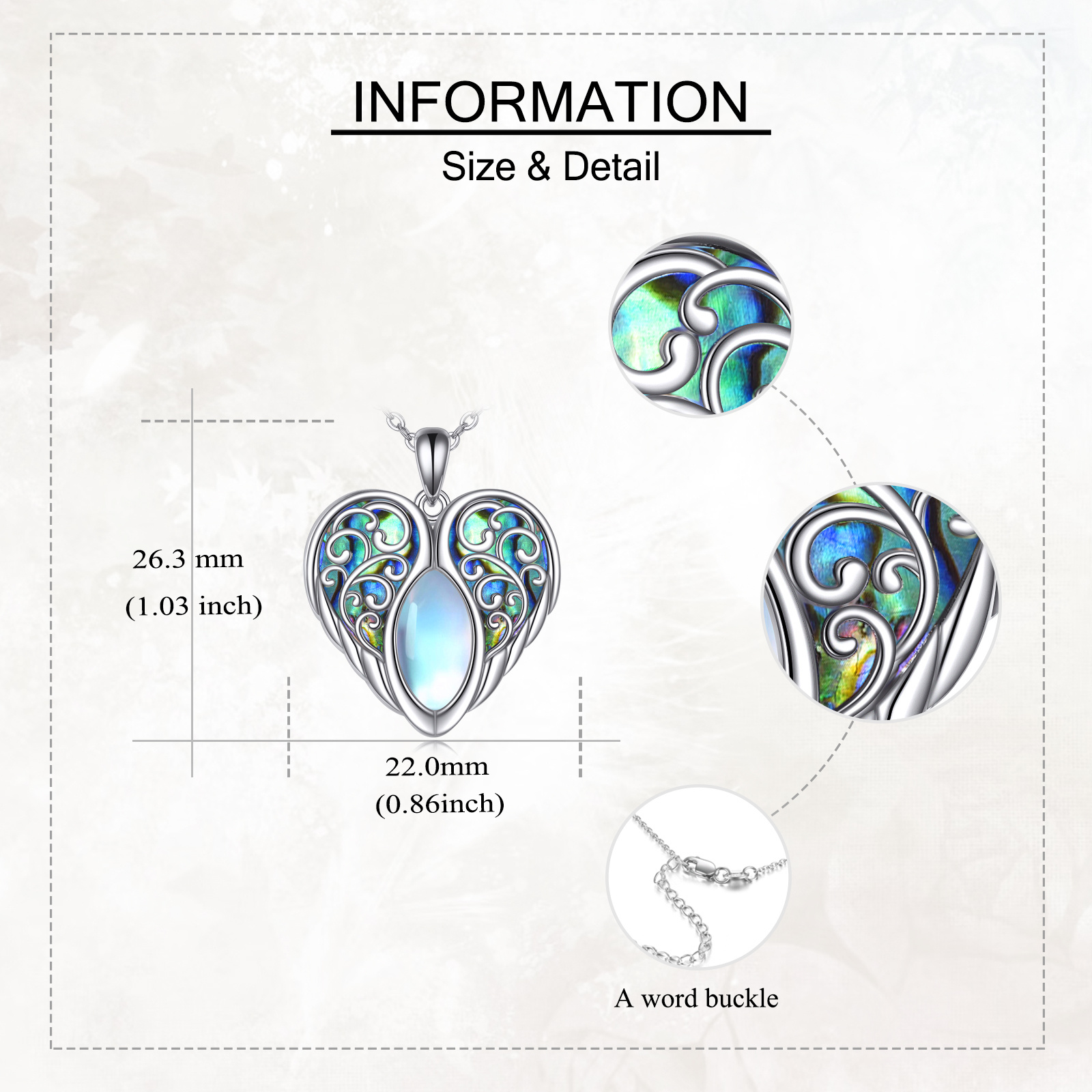 925 Sterling Silver Abalone Shell Angel Wings Moonstone Necklace