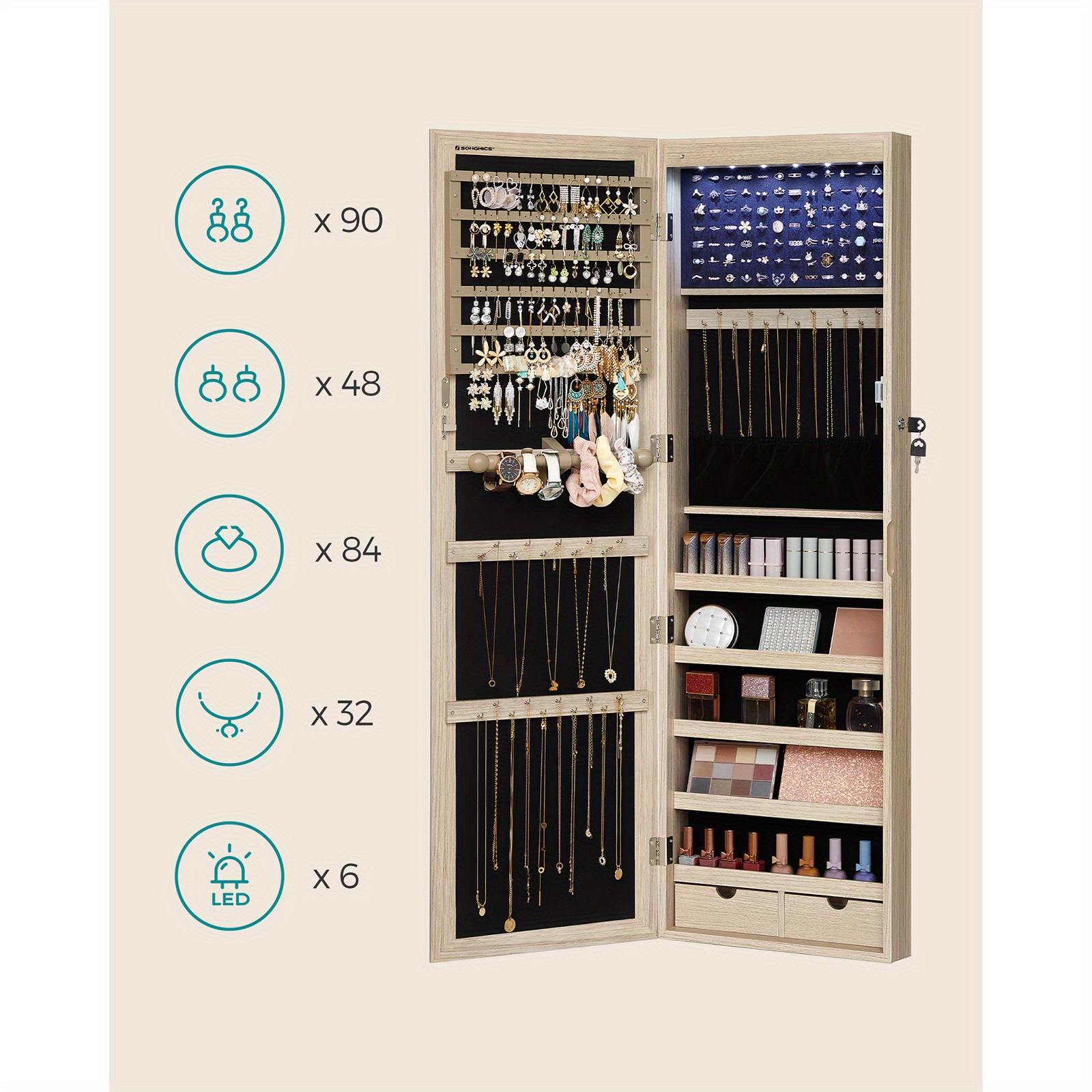 TEMU Wall And Door Jewelry Mirror, Lockable Jewelry Cabinet, Jewelry Storage For Necklaces, Earrings, Rings, Cosmetics, Laundry Baskets