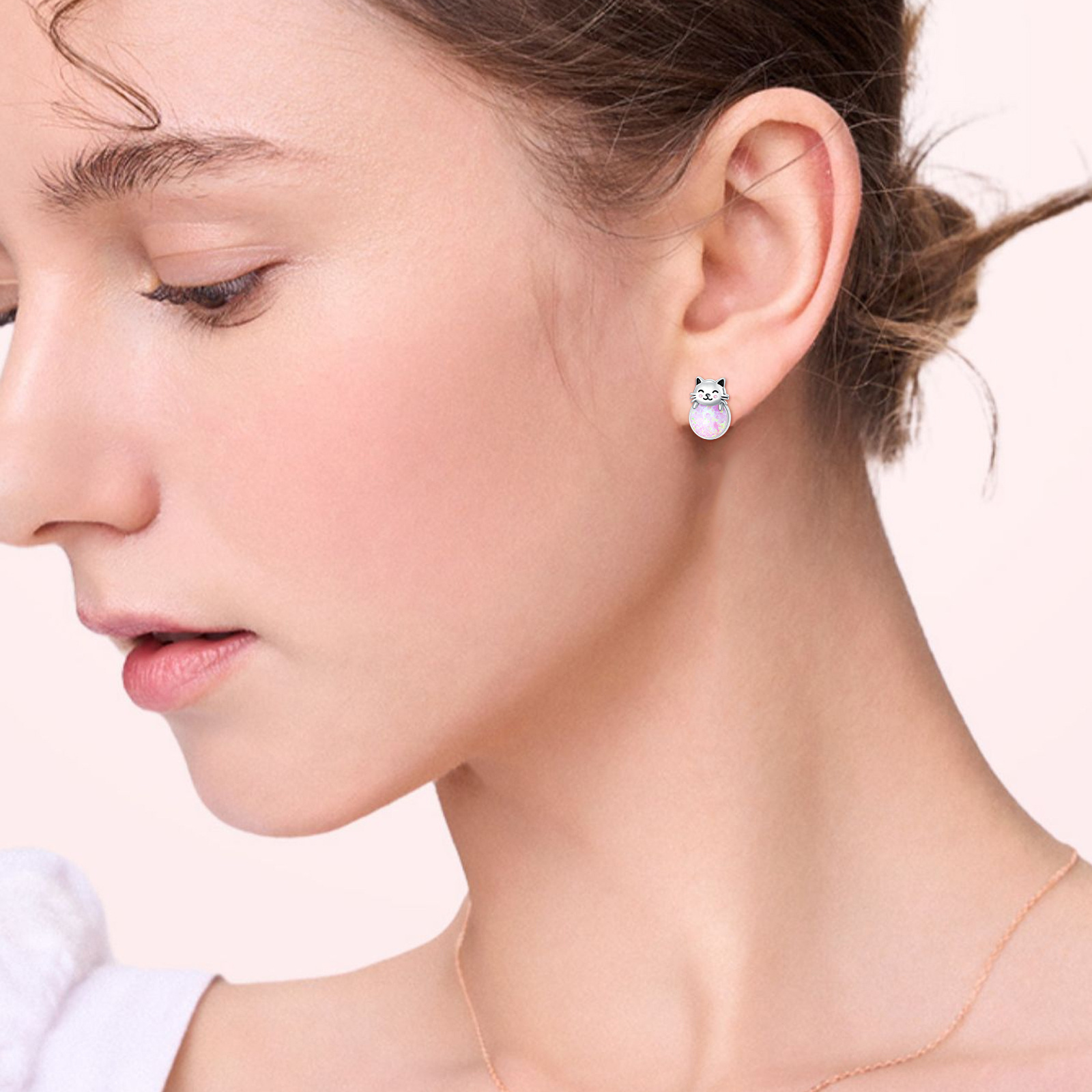 Opal Cat Stud Earrings Women Jewelry