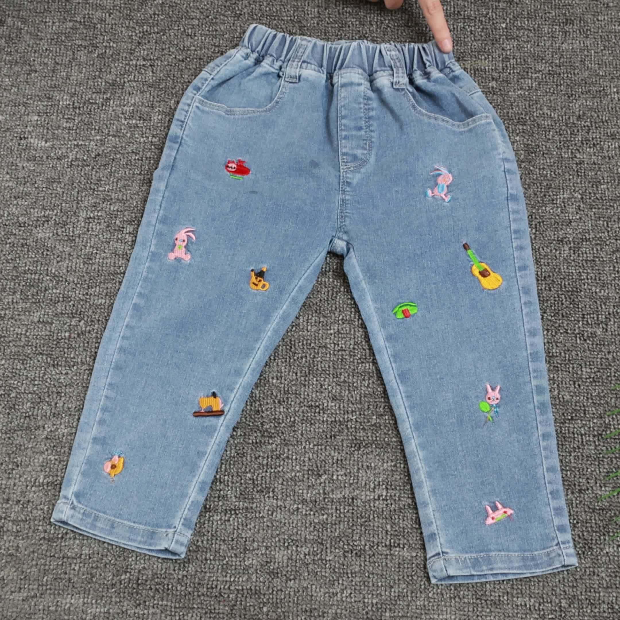 Girls Cartoon Embroidered Jeans Cute Kids Casual Denim Pants - Temu