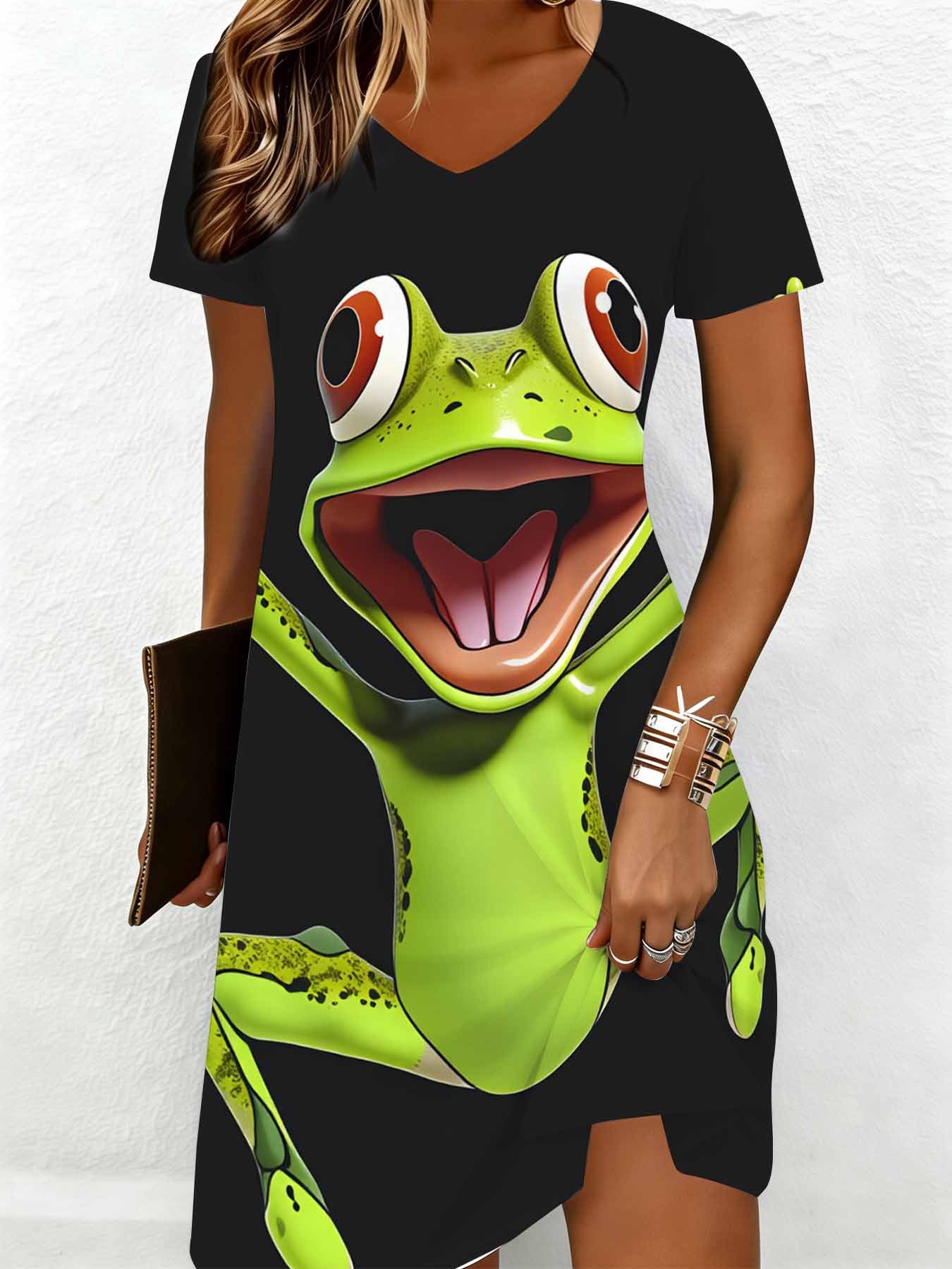 cute frog dress Sweetra Plus Size Women's Sweet Cute Frog Print Waist-Defining Full Skirt Casual Overall Dress