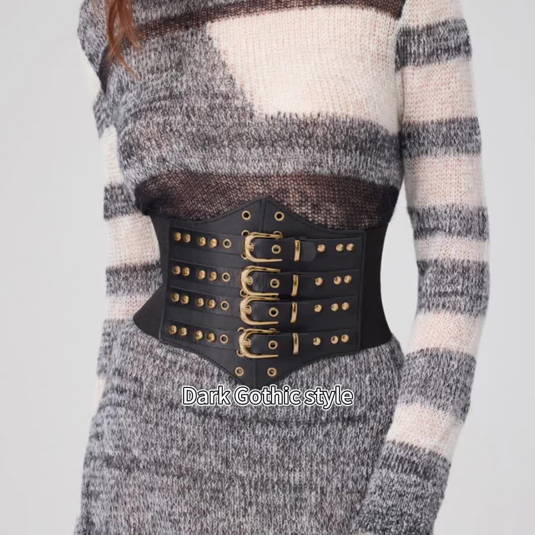 womens black gothic double wide waist belt elastic - Temu display picture 2