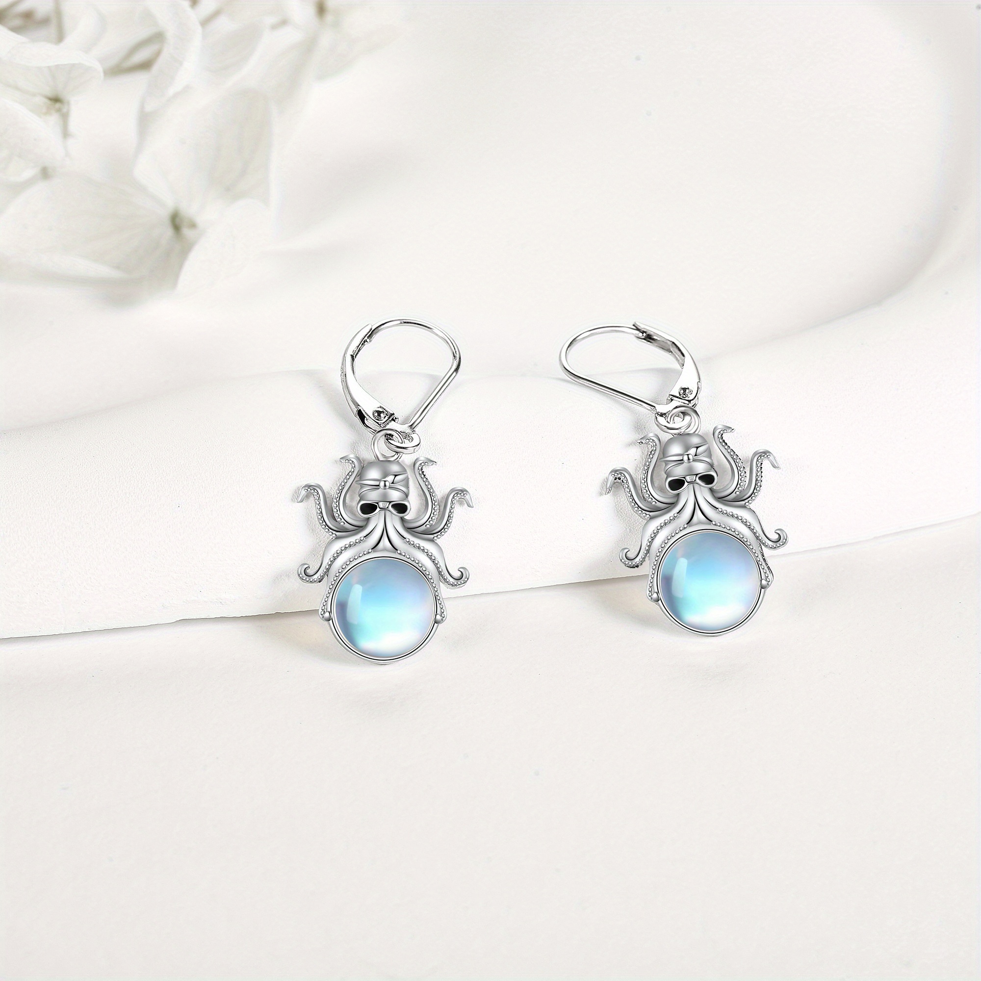 Women's 925 Sterling Silver Octopus Moonstone Earrings