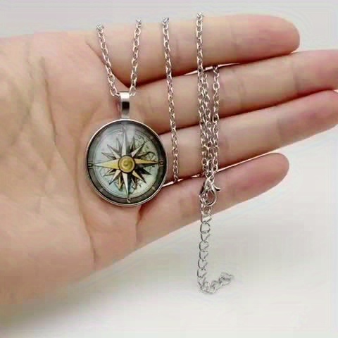 Compass Pattern Glass Pendant Necklace, Unisex Vintage Style