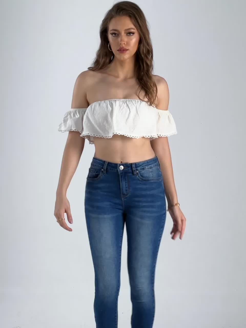 Slim Fit Crop Jeans Mid Stretch Water Ripple Embossed Ankle Length Jeans