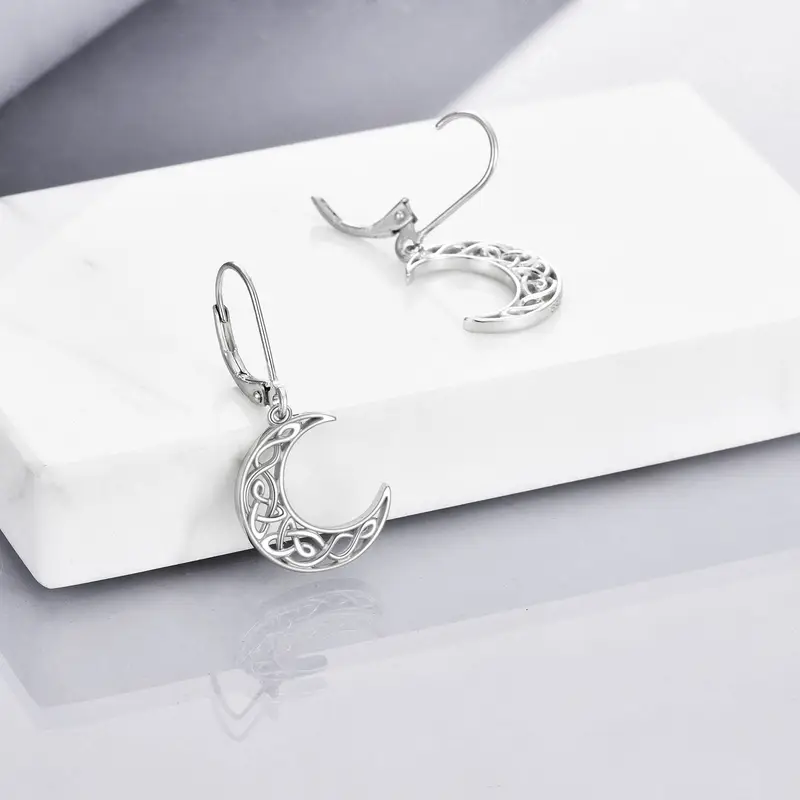 womens celtic style moon earrings 925 sterling silvery crescent pendant jewelry with intricate star patterns casual attire or gifting moon jewelry Product details 2