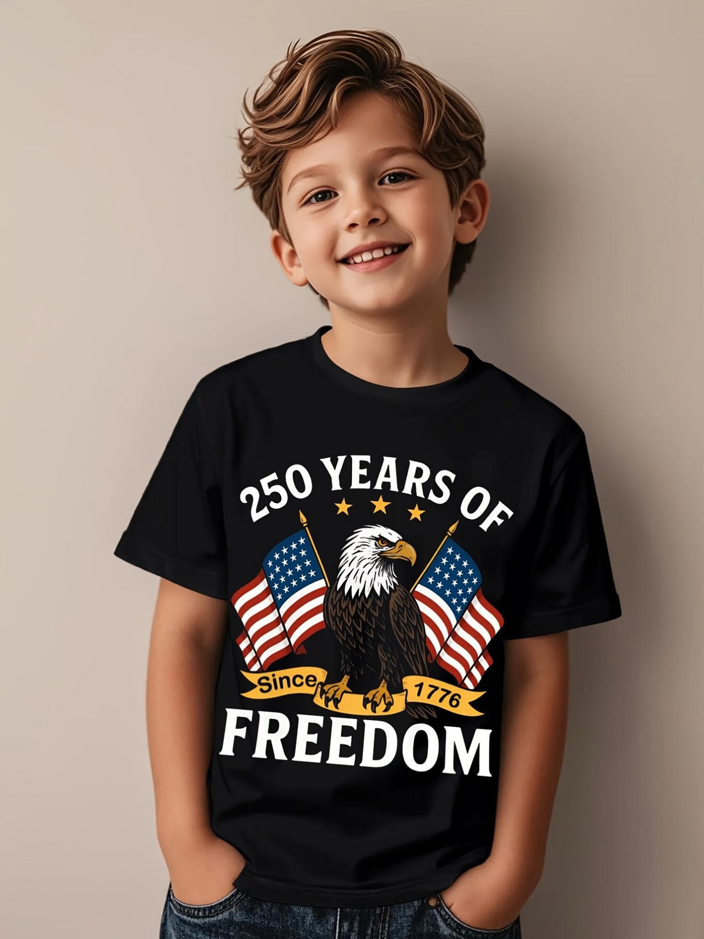 1pc kids   flags print black t shirt crew neck casual tee medium stretch knit fabric regular fit for boys girls 250 years of     for   labor day memorial day presidents day