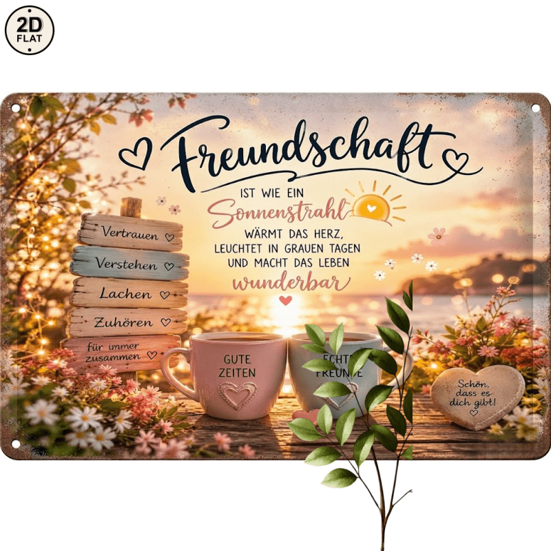 TEMU 2D Flach, [2D Flach] . Metallschild. Freundschaft Kaffeetassen Sonnenuntergang Strand Deutscher Spruch Landschaft Metall-Zinnschild Dekor für
