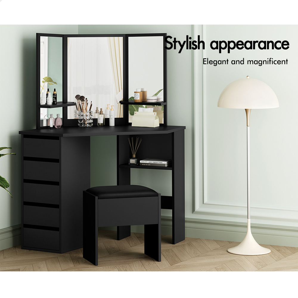 modern vanity desk set with tri fold   adjustable height stool hardwood construction   storage Product details 0