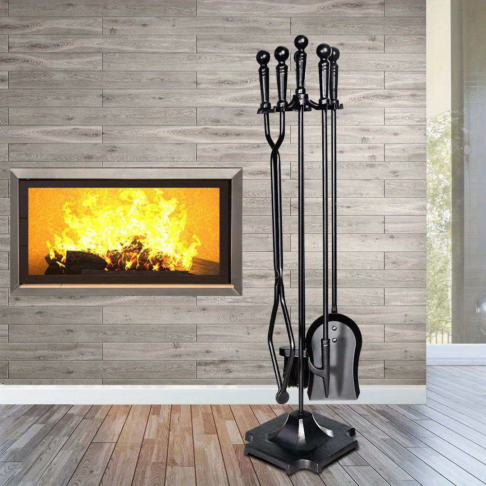 TEMU Grillz Fire Pit Tool Set Fireplace Tools Brush Shovel Stand Tongs 5pcs