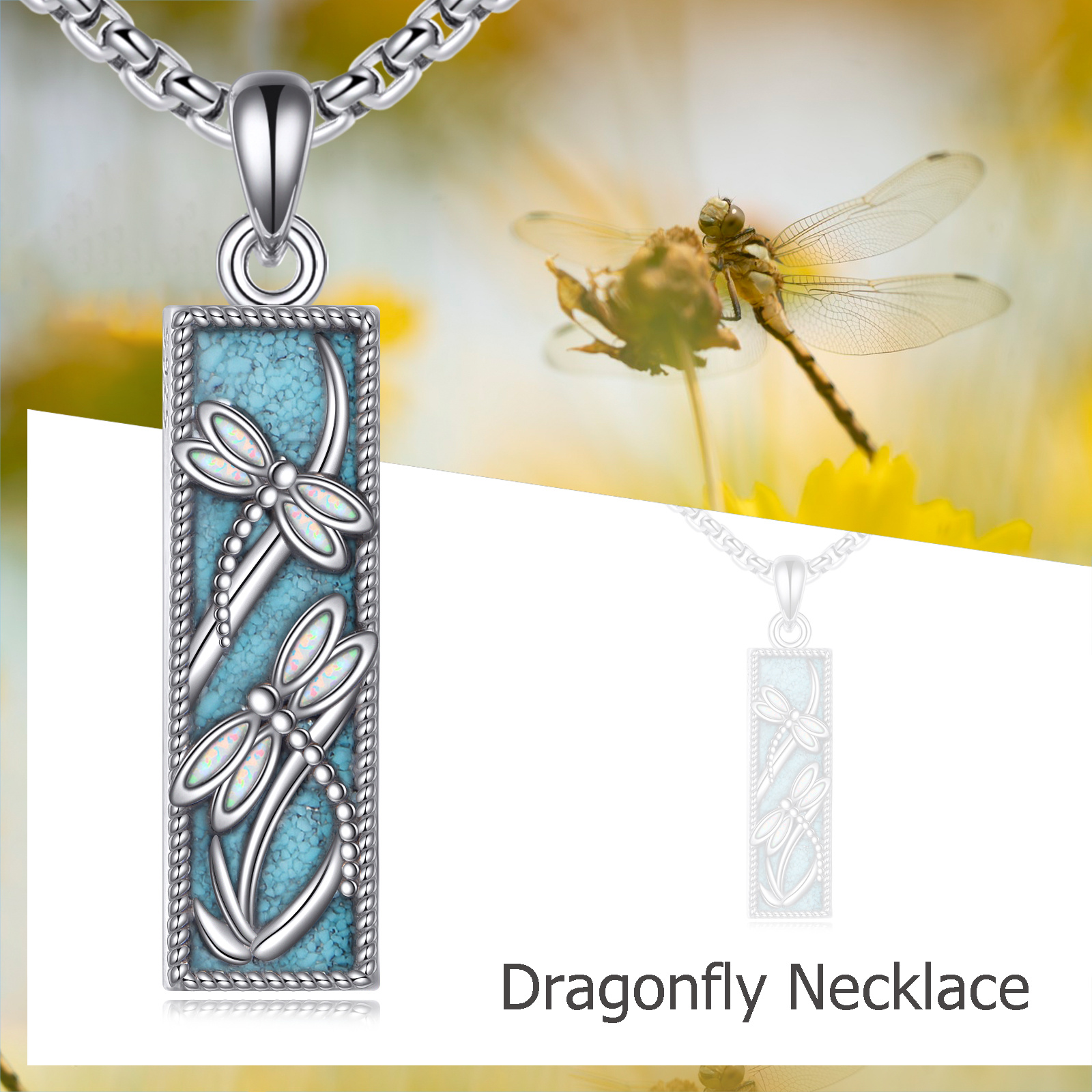 925 Sterling Silver Dragonfly Necklace with Synthetic Turquoise