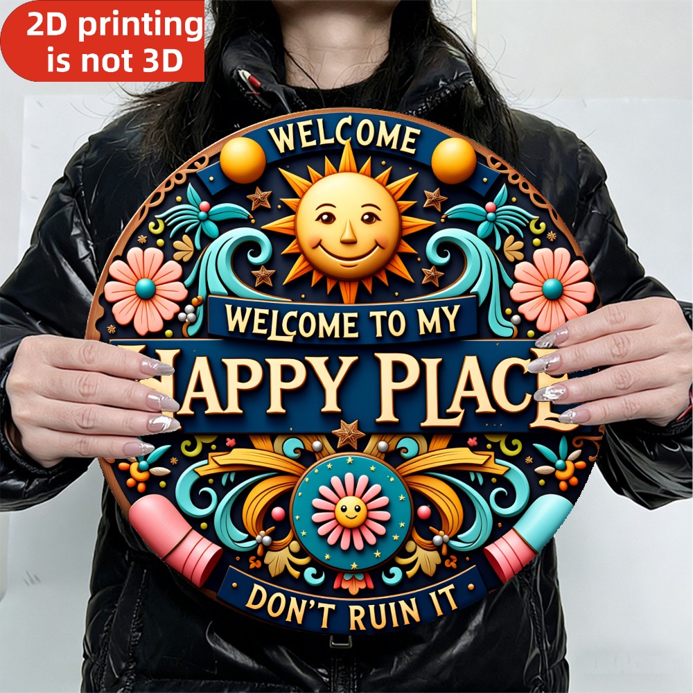 TEMU 2d Flat, 30*30cm "vintage Whimsical Round Decor Sign: 'welcome To (don't Ruin It)' | Colorful Iron Plaque With , Floral & Ornate Patterns, Decor