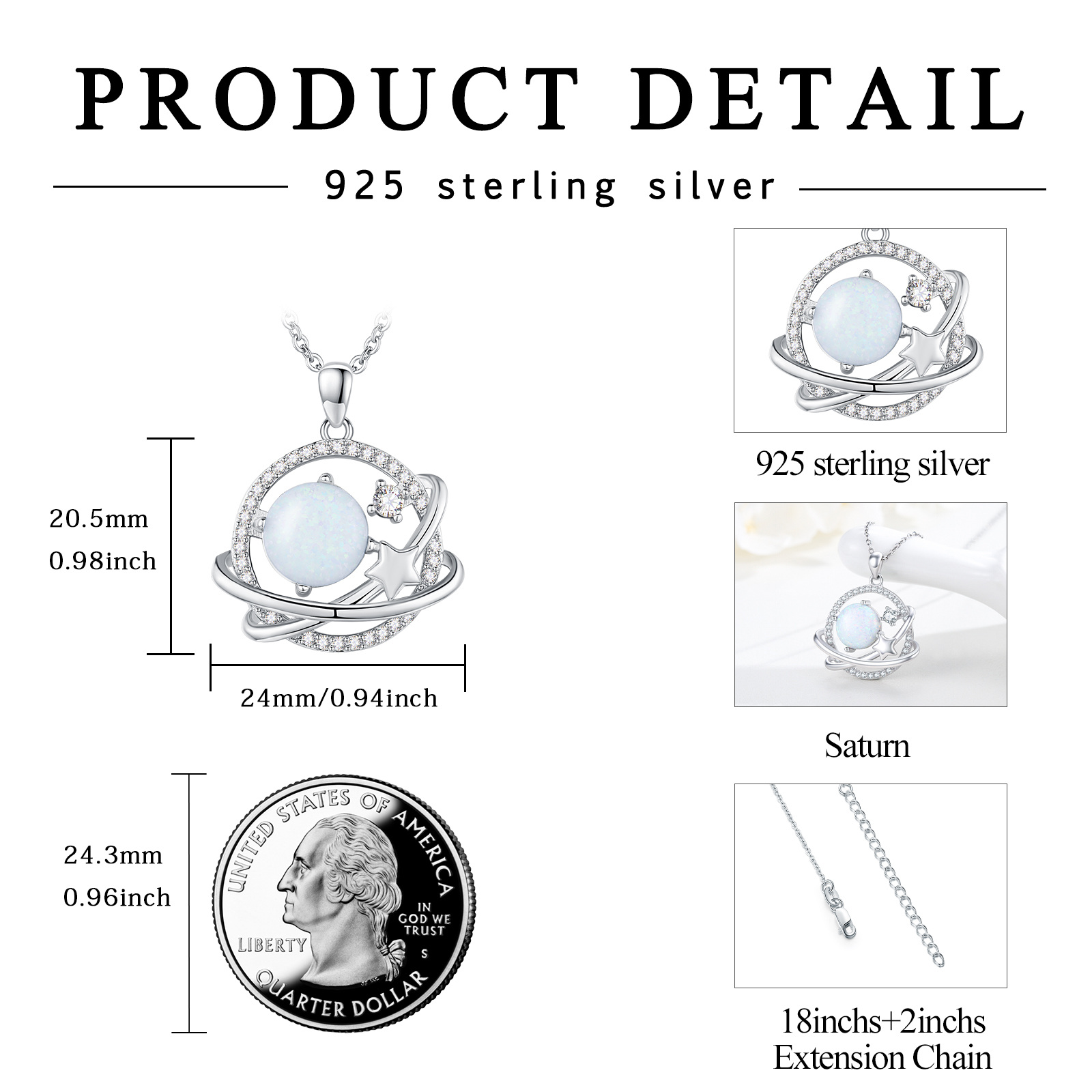 Saturn Necklace 925 Sterling Silver Opal Universe Pendant
