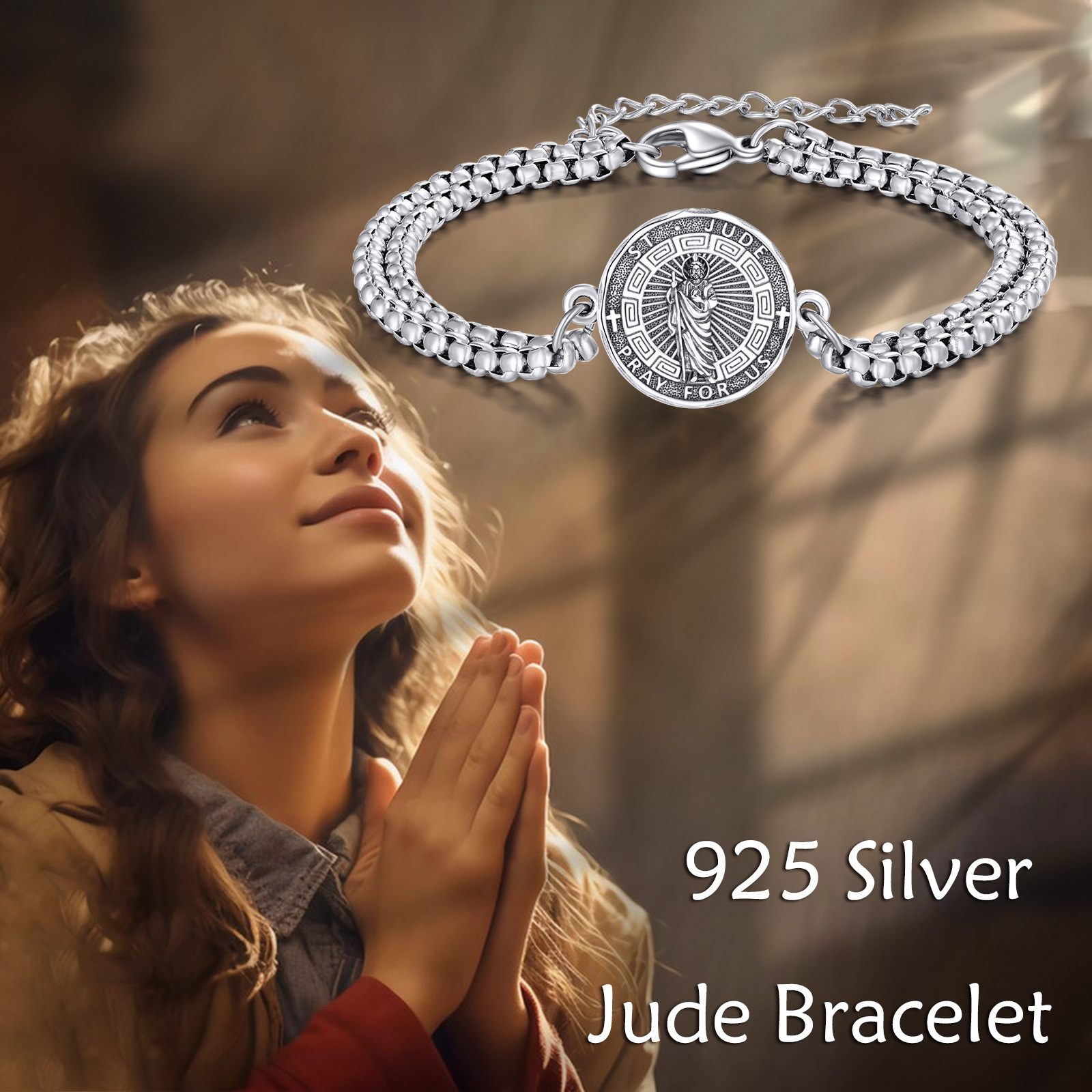 Saint Jude Sterling Silver Religious Protector Bracelet, Gift for Her