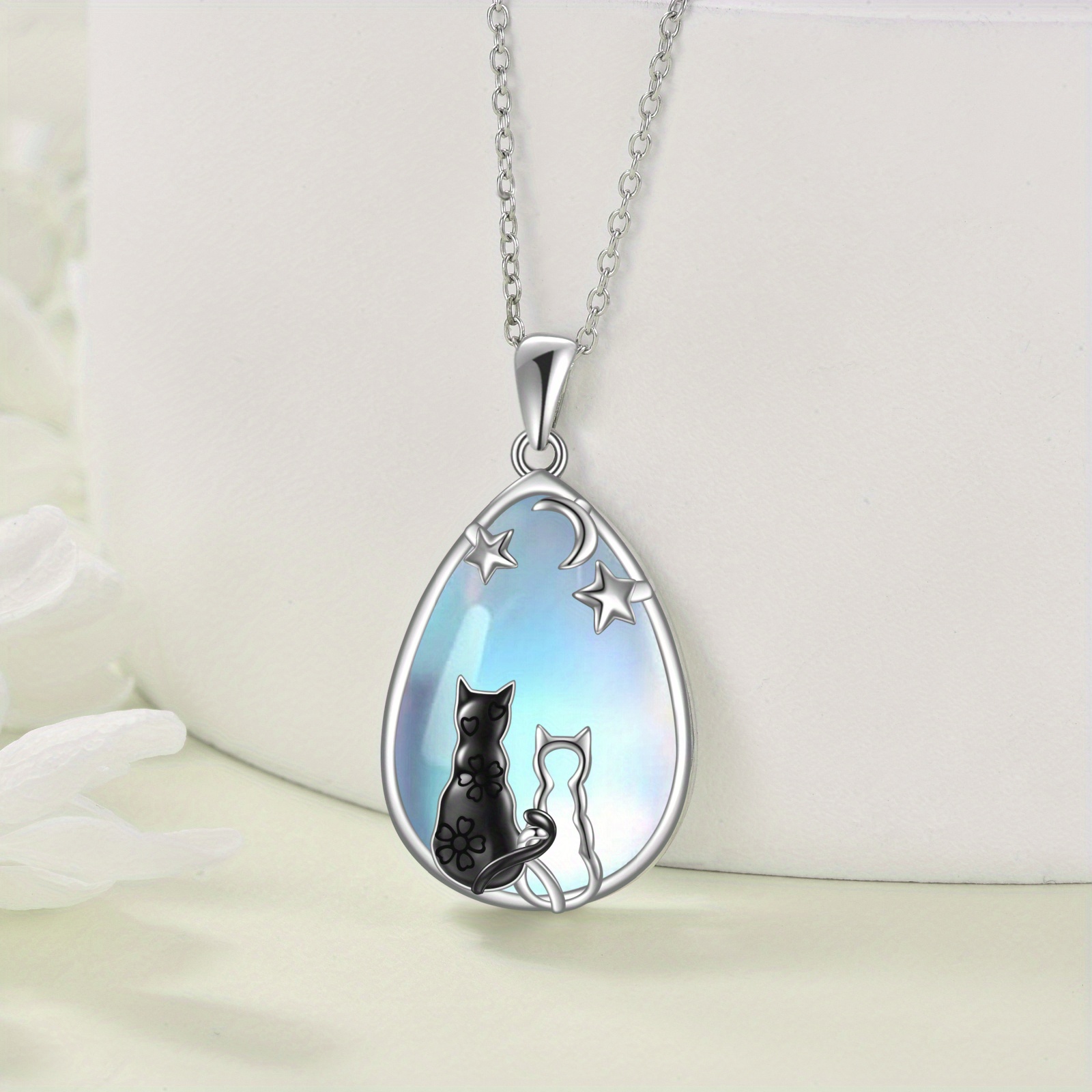 Cat Moonstone Mother and Daughter Necklace for Women Sterling Silver