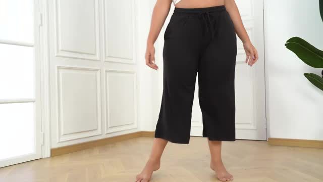  Womens Straight Capris Elastic Waist Cropped Pants