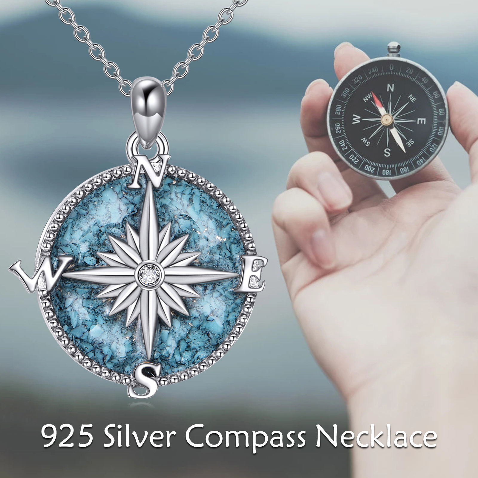 Women's Sterling Silver Turquoise Compass Pendant Necklace