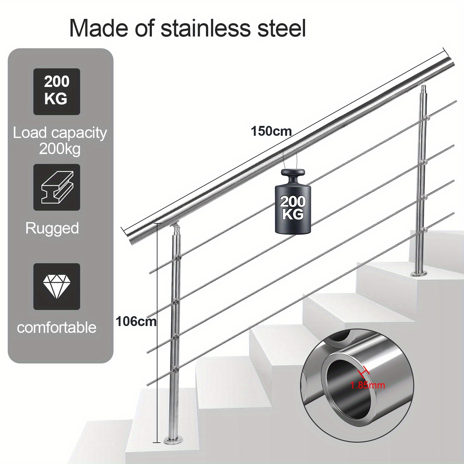 Stair Railing, Handrail, Handrail With Support Plates, With/without Braces, For Indoor And Outdoor Balcony Parapet, Angle Adjustable, Side Mounting, Railing Outdoor And Indoor For Stairs, Garden
