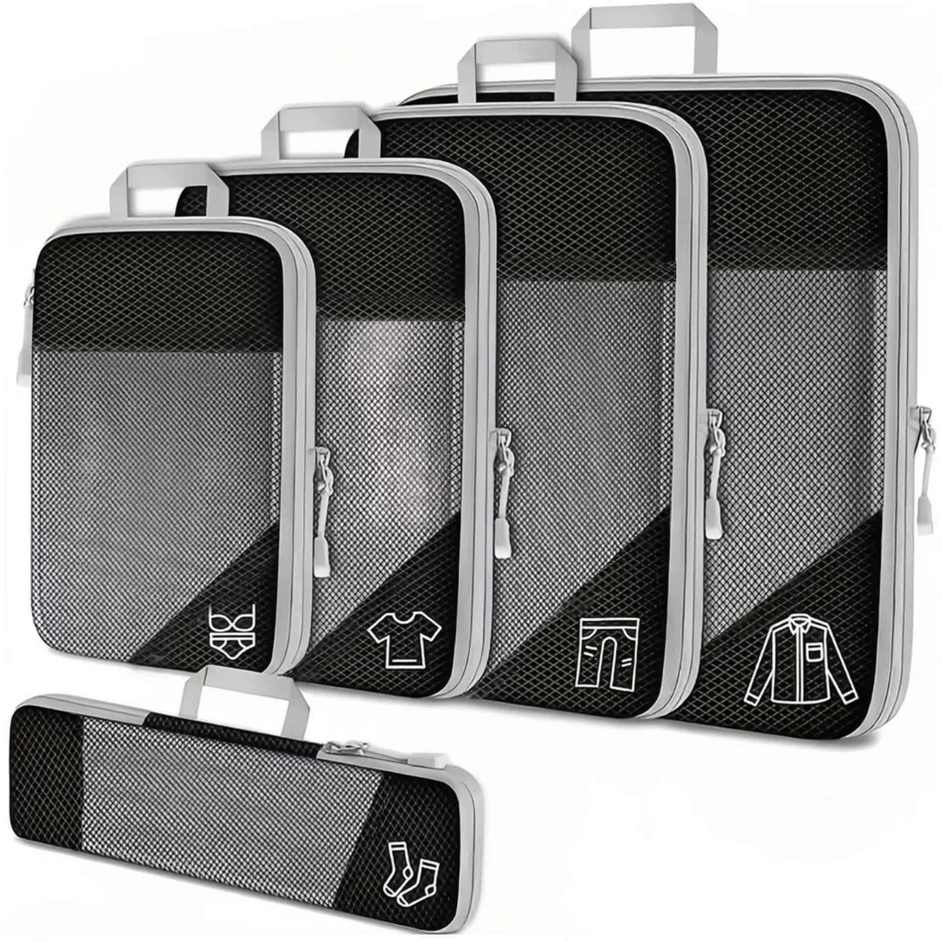 Set of 5 Lightweight Compression Packing Cubes for Travel, Durable Luggage Organizers in Beige and Black
