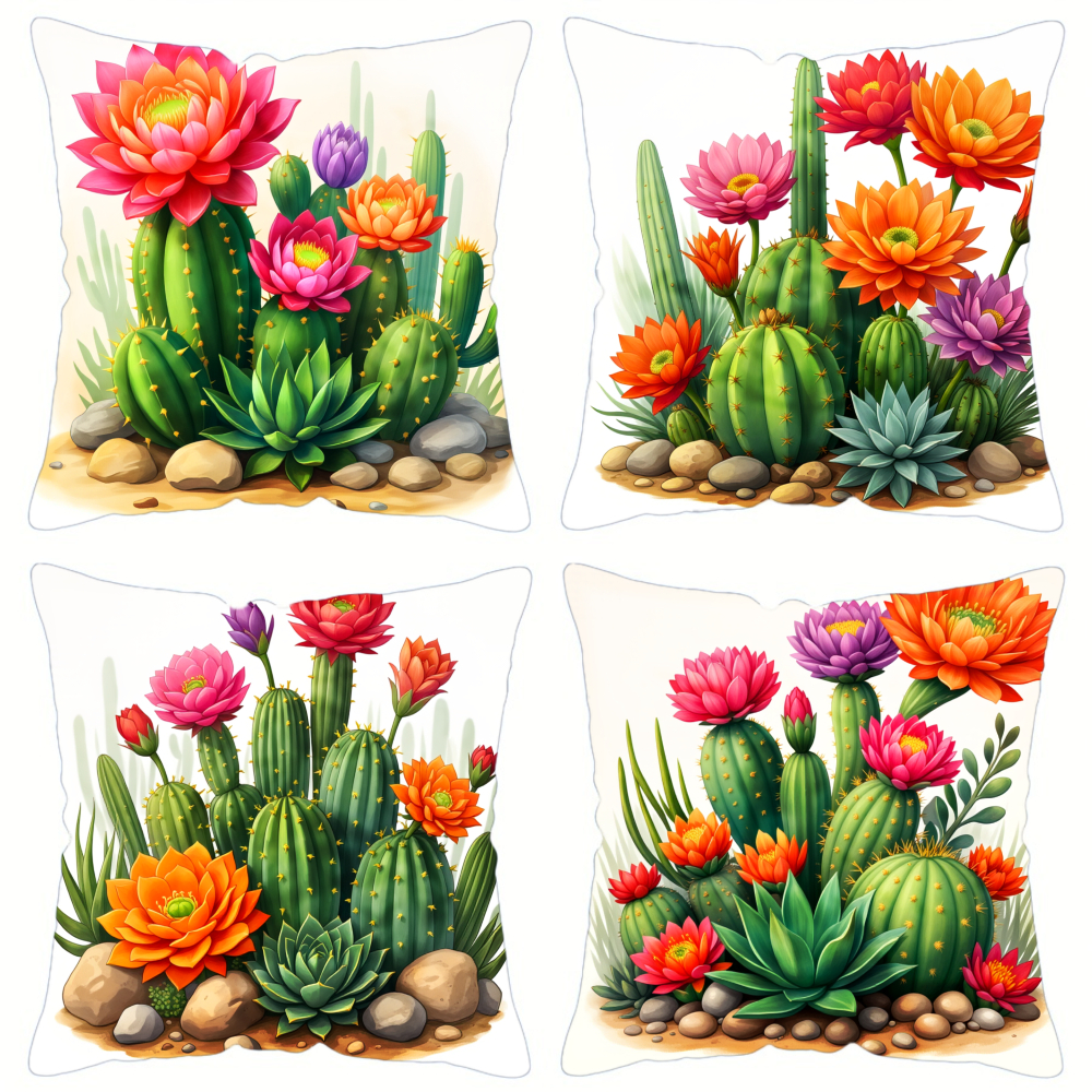 TEMU 2d Flat - 4pcs 2d Printed Pillowcase, With Cactus Garden Pattern, With Zipper, Soft And Fluffy, Very Suitable For Decorating Living Rooms,