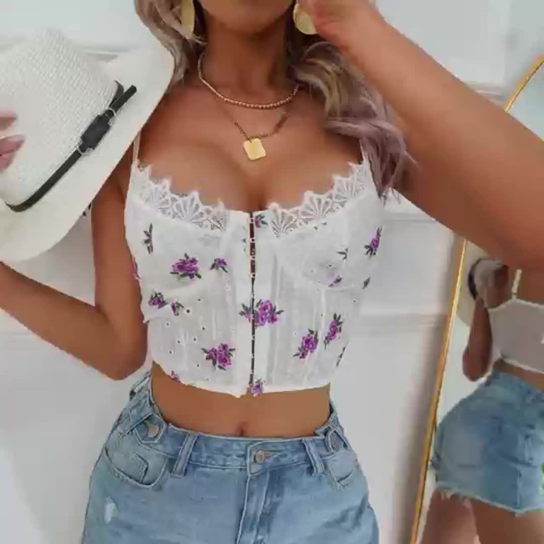 Floral Print Mesh Cami Crop Top Sexy Lace Stitching Slim Fit