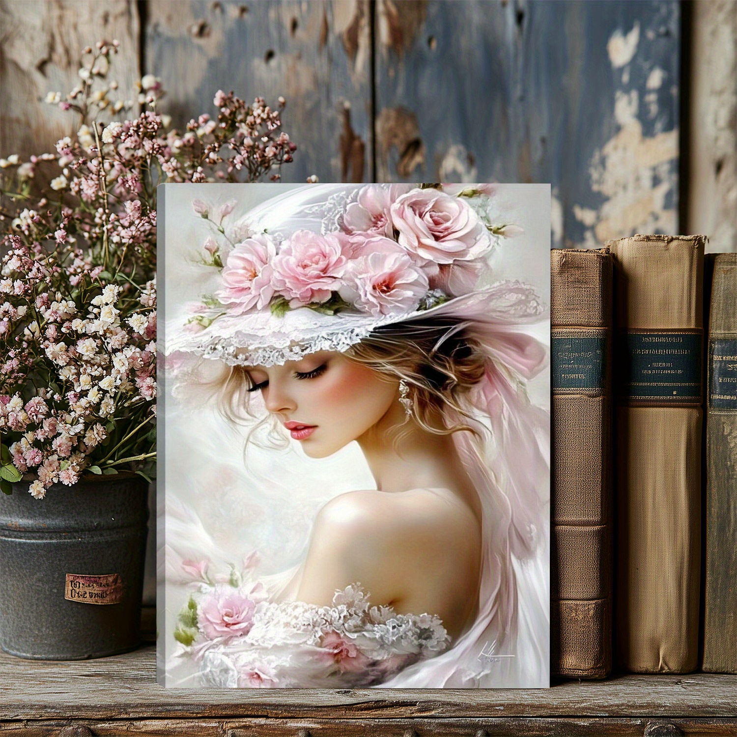 elegant woman in pink hat floral canvas art print framed Temu