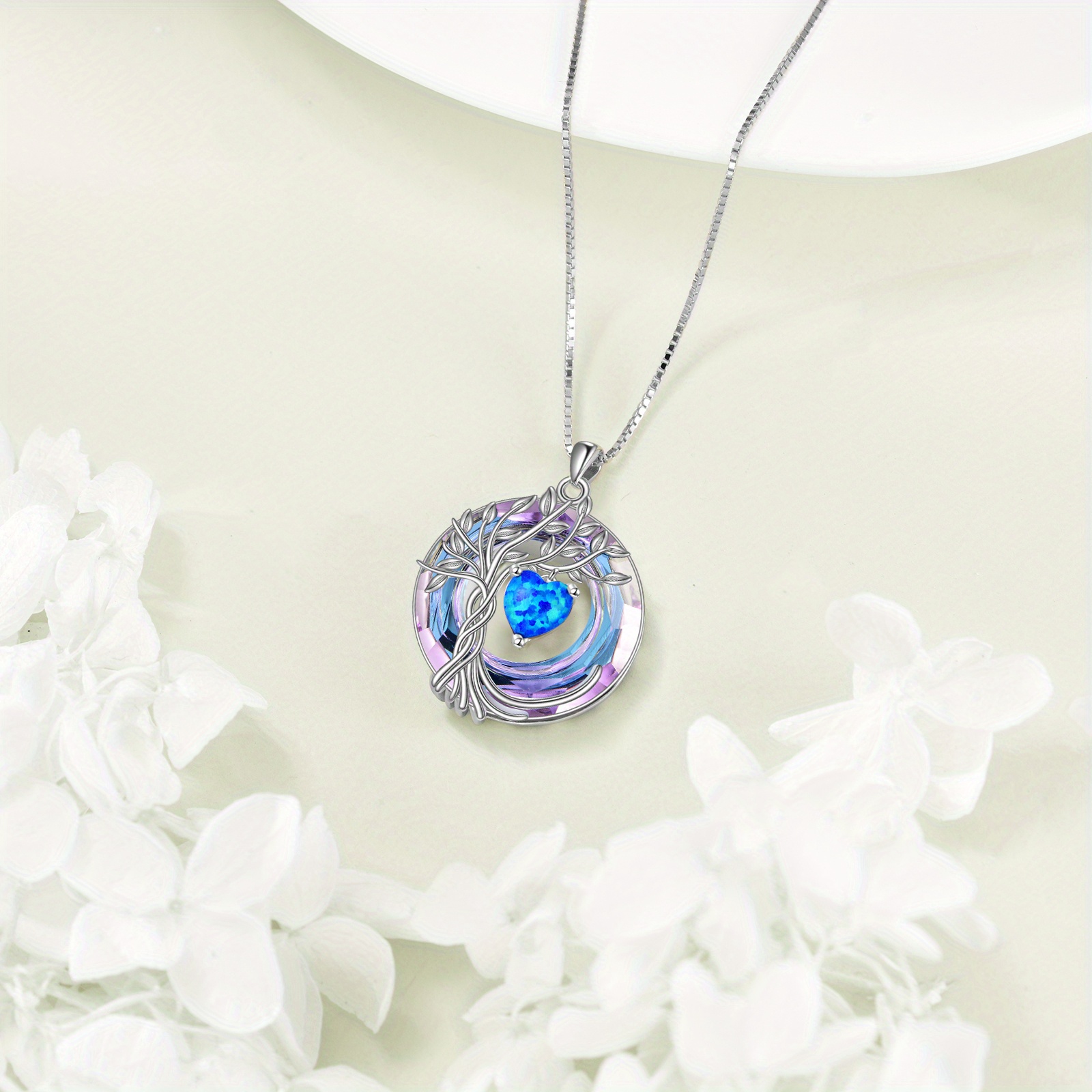 Women's 925 Sterling Silver Tree of Life Blue Opal Birthstone Necklace