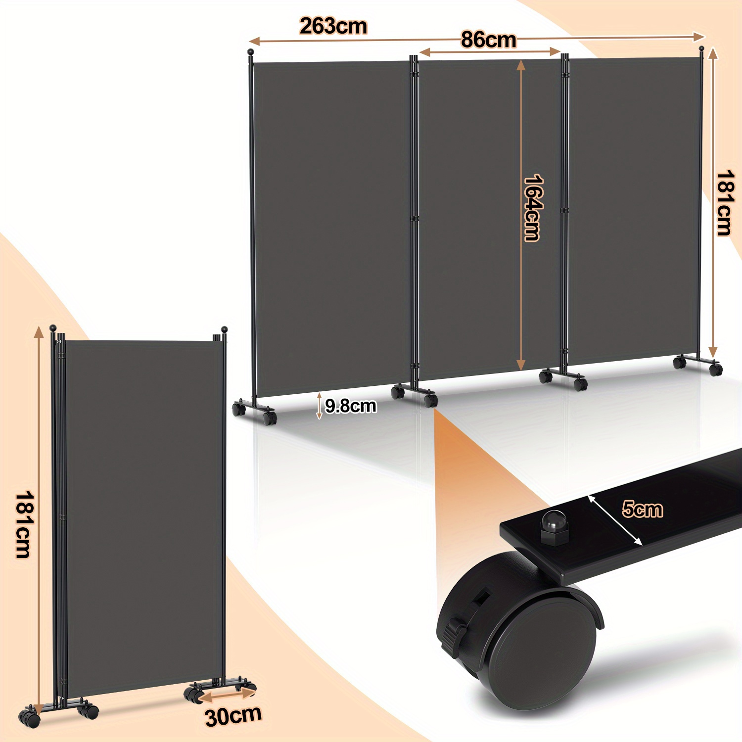 Image of A 1-5 Panel Room Divider On Wheels Suitable For Office And Balcony Use - A Collapsible Screen That Stands Alone, Serving As A Privacy Partition For Changing Areas (in And Beige Colors)