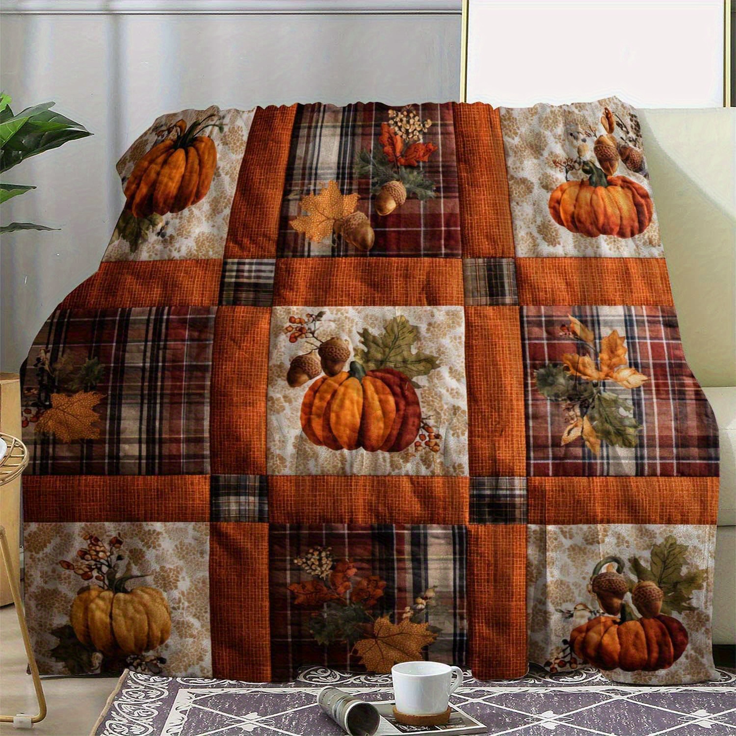 TEMU 1pc Vintage Autumn Plush Flannel Blanket Soft And Warm Plush Shawl, Pumpkin And Leaf Print, Orange, Brown, Beige, Red And White Rustic Style