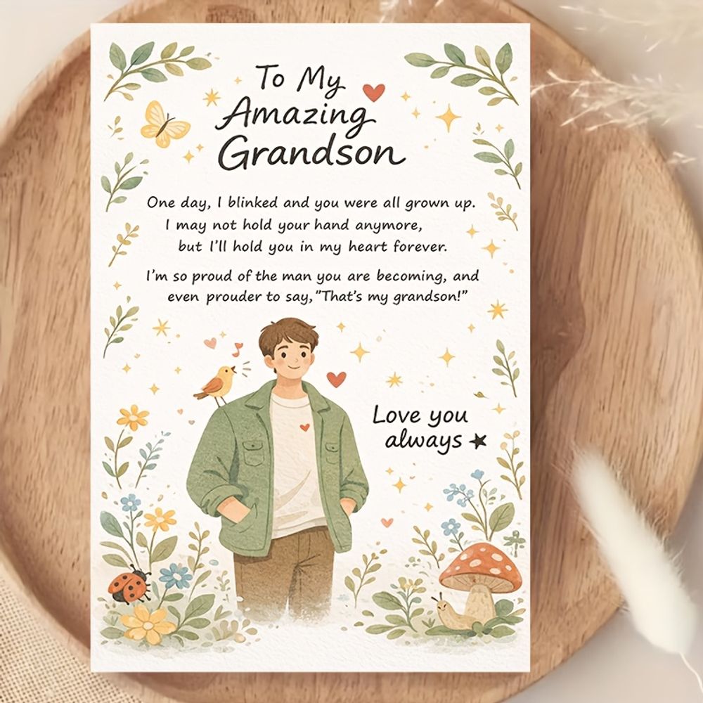 TEMU 1pc Greeting Card Grandson Greeting Card To Grandson Love Floral Nature Theme For Birthday Graduation Encouragement From Grandparents Flat Card